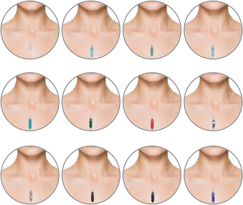 EBOOT womens 12 Pieces Hexagonal Chakra Crystal Bullet Shape Gemstone Pendant Necklaces Pointed Quartz Stone Chain Necklaces Artificial Stone with...