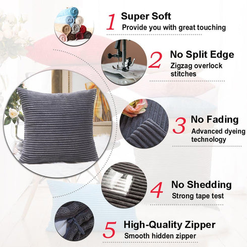 Home Brilliant Grey Pillow Covers 18 x 18 Set of 2 Soft Decorative Striped Corduroy Velvet Square Throw Pillow Cover for Sofa Couch, 18x18 inch, D...