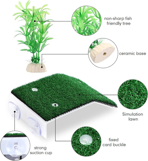 2 Pcs Turtle Basking Platform Ramp Medium Tortoise Terrace Resting Ladder Simulation Lawn and 6 Pcs Artificial Plastic Aquarium Plants Turtle Tank...