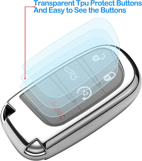 Compatible with Jeep Key Fob Cover with Leather Keychain Soft TPU Protection Key Case for Grand Cherokee Renegade Chrysler 200 300 Dodge RAM Duran...