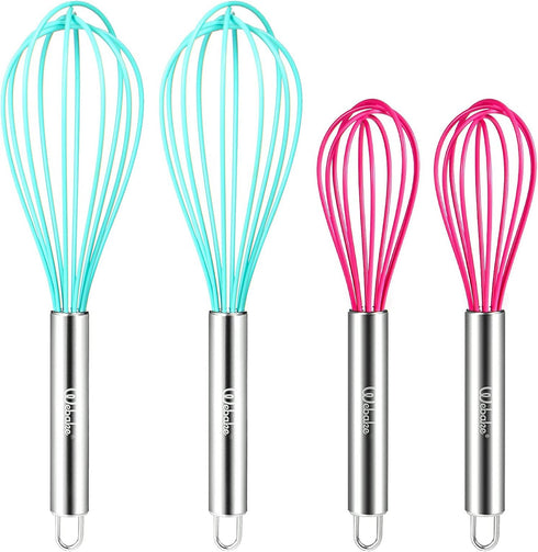 Webake 8 Inch and 10 Inch Silicone Whisk Set of 4, Egg Beater Whisk Balloon Egg Sauce Whisk with 6 Wires, French Whisk Stainless Steel Mini Silico...