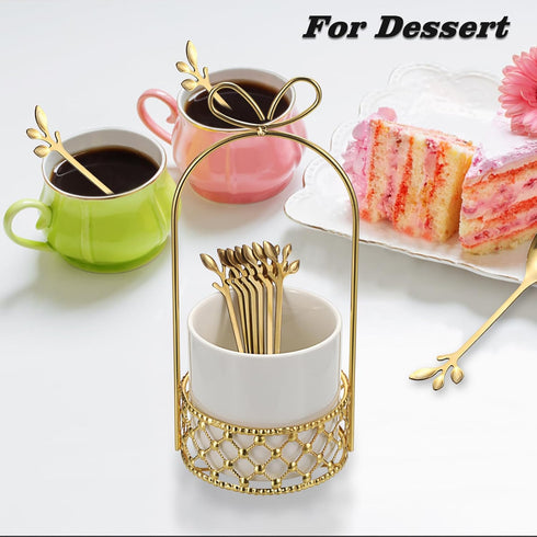 ELLDOO Coffee Spoon Set, White Ceramic Holder with 8 Stainless Steel Gold Leaf Coffee Spoons, Creative Flatware Set for Stirring, Mixing, Sugar, I...