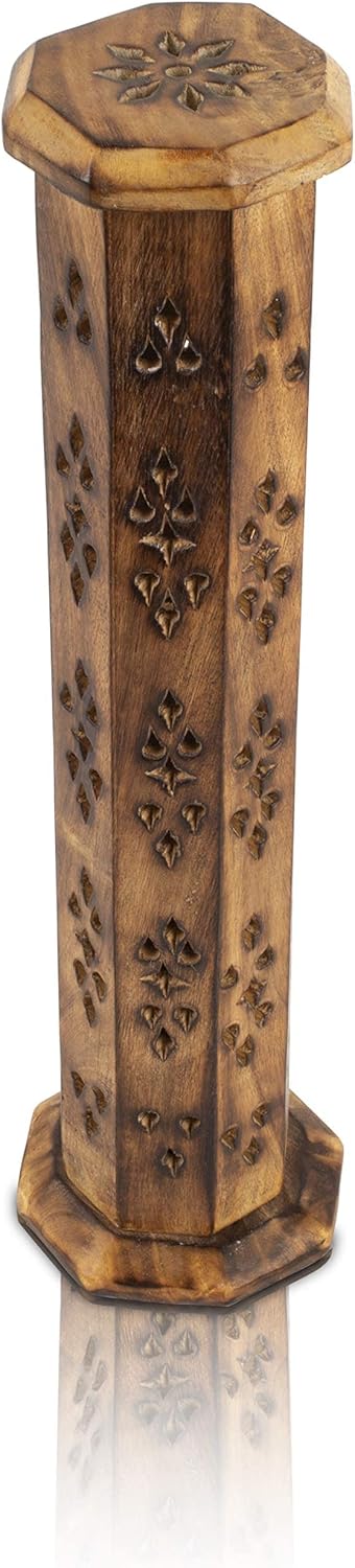 Wooden Incense Stick & Cone Burner Holder Tower Large Organic Eco Friendly Ash Catcher Agarbatti Holder Rustic Style Hand Carved for Meditation Yo...