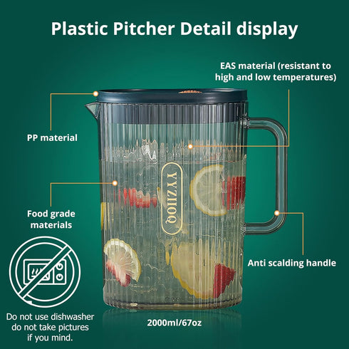 68oz/0.52 Gallons/2.0 Litre Plastic Pitcher with Lid,Clear Hot/Cold Eco-Friendly Carafes, Fridge Water Pitcher Jug for Hot/Cold Lemonade Juice Bev...