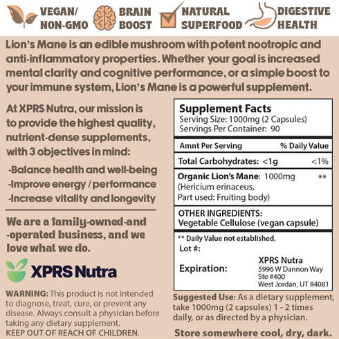 XPRS Nutra Organic Lions Mane Supplement Capsules - 180 Count (90 Day Supply) of Premium Lion's Mane Mushroom Capsules for Mental Clarity, Cogniti...