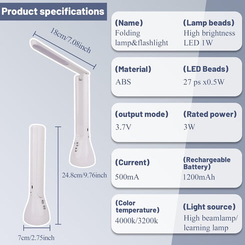 2-in-1 LED Desk Lamp Base with Flashlight for Home Office, Rechargeable, 3 Lighting Modes, Foldable & Portable Light, Cordless Table Bedside lamps...