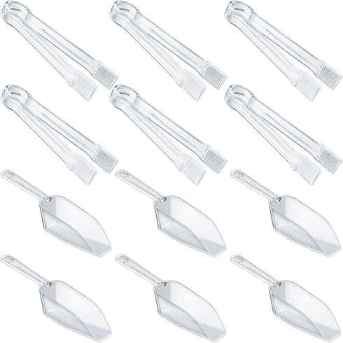 Roshtia 12 Pcs Plastic Serving Tongs Mini Kitchen Tongs Utility and Plastic Kitchen Scoops Clear Ice Scoop Mini Clear Buffet Scoop for Candy Desse...