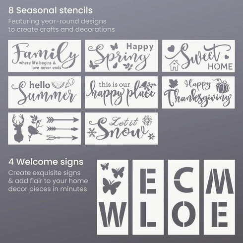 Arteza Stencils for Painting, 12 Unique Holiday Designs, 15.9 x 13.78 Inches, Thick Plastic Holiday Stencils, Art Supplies for Christmas Parties, ...
