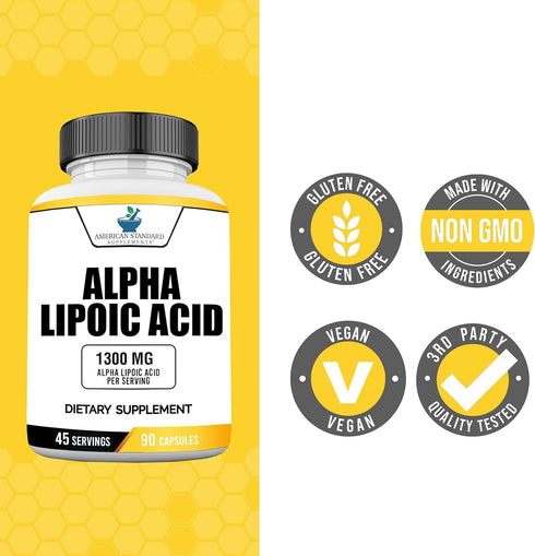 American Standard Supplements Alpha Lipoic Acid 1300mg Per Serving - Vegan, Gluten Free, Non-GMO, 90 Capsules, 45 Servings...