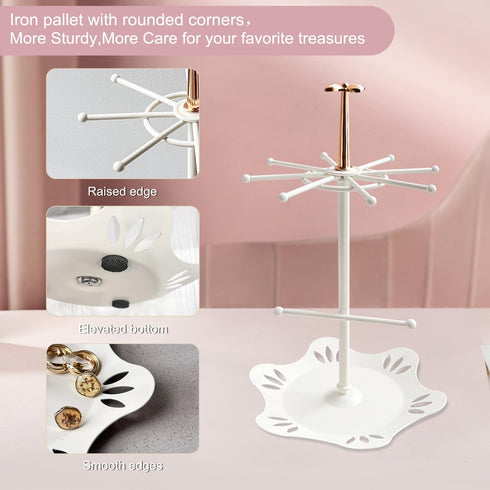 Jewelry Holder Organizer, Jewelry Display Stand with Metal Round Ring Tray, Necklace Earring Bracelet Tower Display Rack Hanging Storage Tree (IVO...