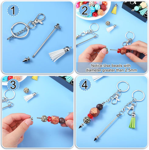 Huquary 20 Pcs Beadable Keychain Bar Set Including 10 Silver Alloy Blank Keychain 10 Leather Tassel Bulk, Keychain Making Supplies Pendant DIY Bea...