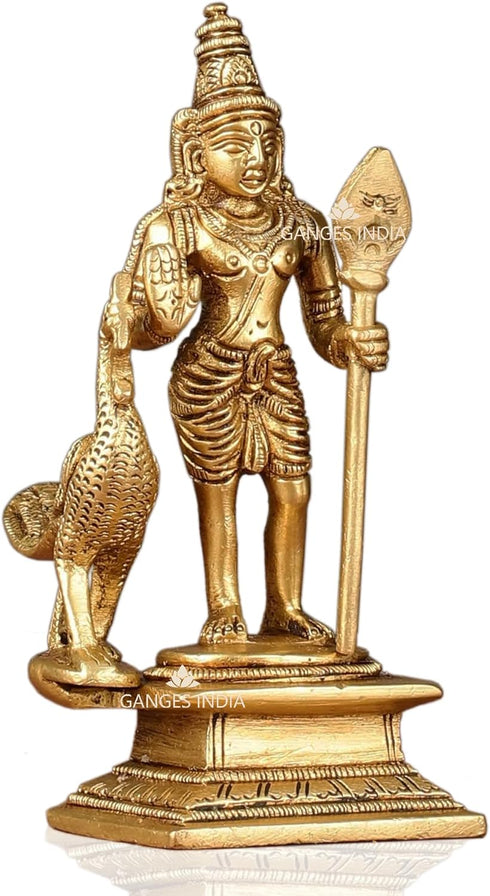 God Murugan Swami Miniature Brass Statue with Peacock, Handcrafted Decor Item for Home, Temple, Gifting & Car, 2.25 x 3 x 4.3 Inches...