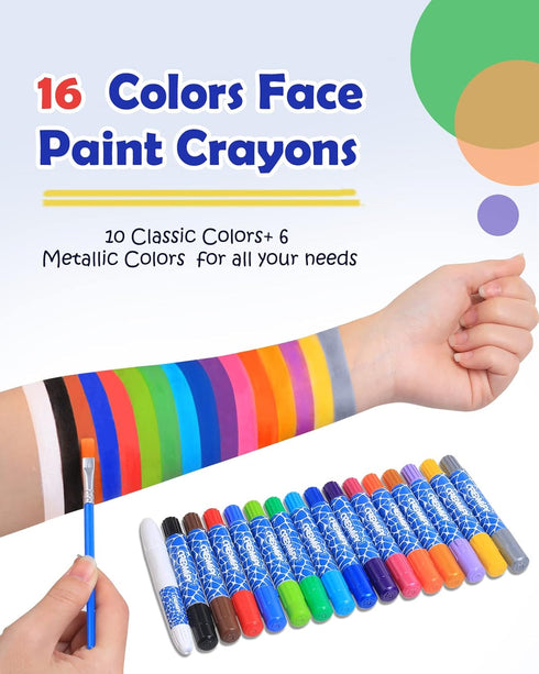 Rainbow Colors Face Painting Kits- 16 Colors Twistable Face Paint Marker Sticks with 2 Brushes, LGBT Washable Face Paint Crayons Kit, Birthday, Pr...