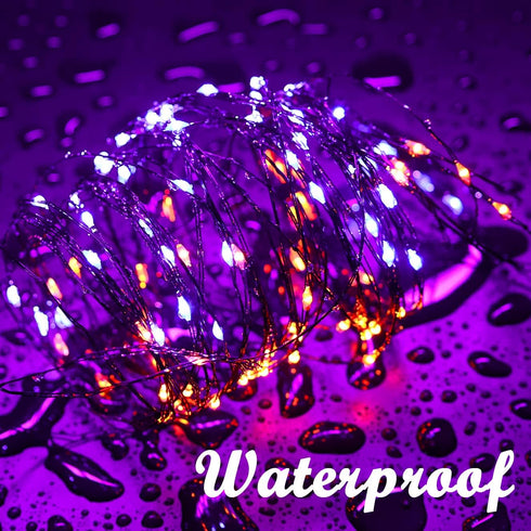 Lomotech 2 Pack Solar Lights, 33ft 100LED Orange Purple Twinkle Fairy Lights Waterproof 8 Modes Outdoor for Halloween Party DIY Decoration Black W...