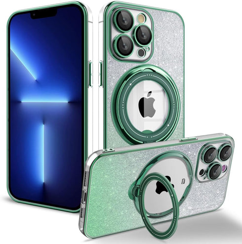 for iPhone 13 Pro Max Case Glitter with Rotatable Ring Stand Compatible with MagSafe, Plating Bling Clear Case with Camera Lens Protector Slim Pho...