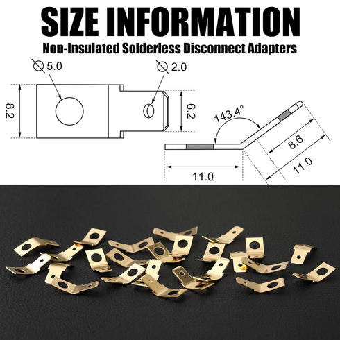 25 Pcs Non Insulated Solderless Disconnect Adapters,1/4" Male Tab, 10 Stud Brass Quick Disconnect Connectors, Brass Copper Ring Crimp Electrical T...
