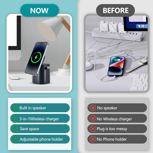 4-in-1 Wireless Charger Stand,Foldable Wireless Charging Station with Speaker - Magnetic Charger Dock for iPhone 15/14/13/12 Pro/Max/Plus, AirPods...