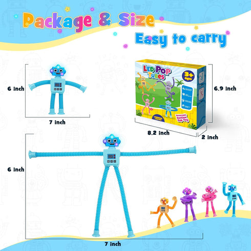Robot Fidget Toys for Kids : 4 Pack LED Robotic Pop Tubes Telescopic Suction Cup Sensory Toy for 2 3 4 5 6 7 8 Year Old Boys Girls Christmas Birth...
