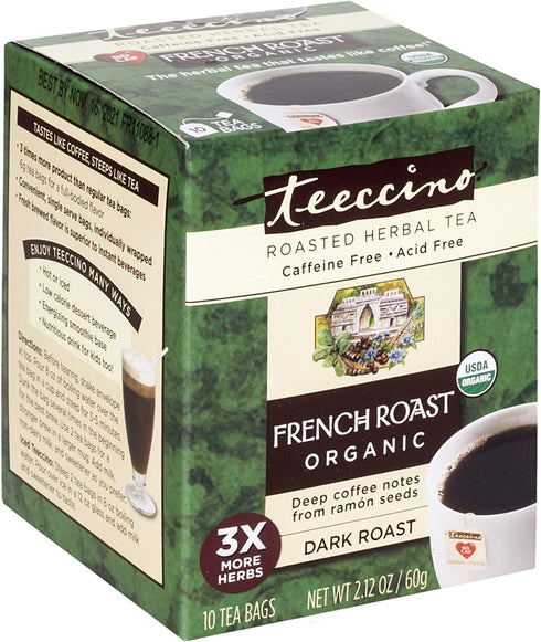 Teeccino French Roast Herbal Tea - Rich & Roasted Herbal Tea That’s Caffeine Free & Prebiotic for Natural Energy, Coffee Alternative, 10 Tea Bags...