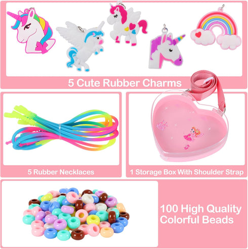 FLYINGSEEDS Unicorn Jewelry Making Kit, 5 Rubber Necklaces and Charms with 100 Big Holes Beads Toy Set, Beading Arts and Crafts, Ideal Gifts for G...
