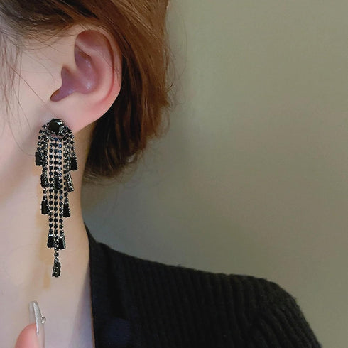 Black Rhinestone Earrings for women,Long Earrings Dangle Dangling Bling Earring Crystal black Crystal rhinestone Drop earring Tassels Earrings for...