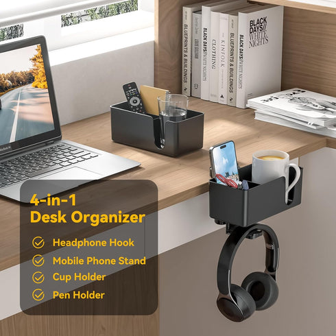 KDD 4 in 1 Desk Cup Holder - Clamp on Under Desk Headphone Hanger - Rotating Headphone Holder Detachable Pen Cup Holder Desk Storage for Cup, Phon...