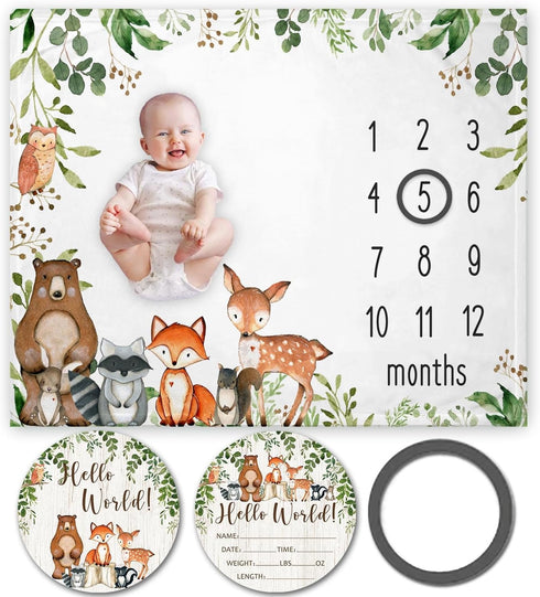 Woodland Animals Baby Milestone Blanket with Birth Stat Sign, Forest Baby Growth Chart Monthly Blanket, Watch Me Grow Woodland Baby Nursery for Ne...