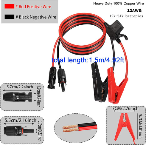 QIANRENON Solar Panel Connector Cable 12AWG Solar Panel Connector to Battery Clip Extension Cable Alligator Clip to Male & Female Solar Connectors...