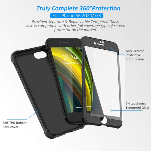 ORETECH Designed for iPhone SE 2020 / SE 2022/7 / 8 Case with 2 x Tempered Glass Screen Protector 360° Fully Protection Hard PC Soft TPU Shockproo...
