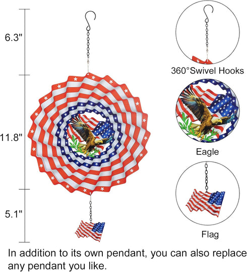 Hanging Wind Spinners Outdoor, American Flag Eagles Patriotic Wind Spinner 12in Large Metal 3D Art Kinetic Craft Spinner for Garden Sculptures Dec...