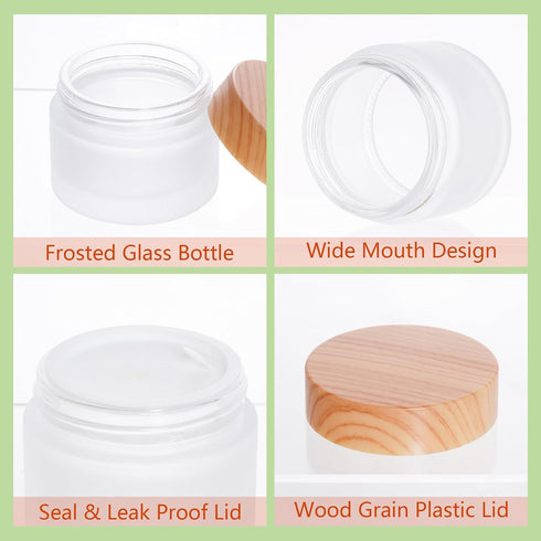 6Pcs Glass Cosmetic Containers with Wood Grain Lid Refillable Cosmetic Jar Frosted Glass Cream Container with Leak-proof Lid Empty Makeup Jar for ...