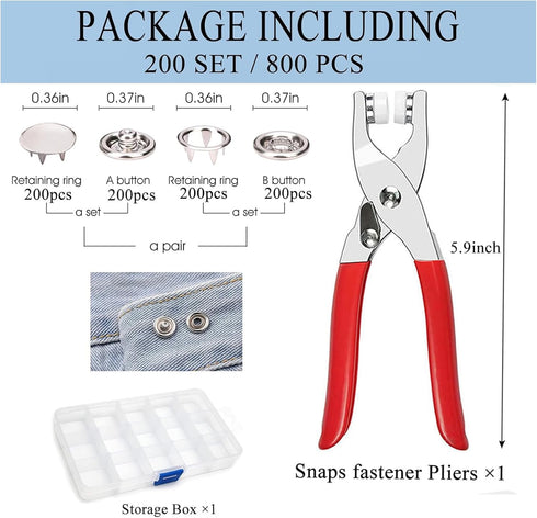 GTAAOY 800PCS Metal Snaps Buttons with Fastener Pliers Press Tool Kit Perfect for DIY Crafts Clothes Hats and Sewing, Snap Button Fasteners Kit fo...