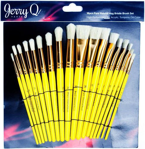 Jerry Q Art 18 pcs Pure Natural Hog Bristle Brush Set for Oil, Acrylic, Tempera. Short Wood Handles JQ181...