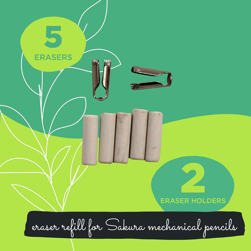 Sakura Mechanical Pencil Eraser Refills - Mechanical Pencil Erasers for Sakura XS-12 Pencil - 5 Erasers - 2 Metal Sleeves...