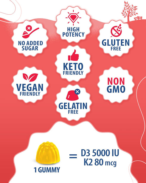 Vitamin D3 K2 Gummies 5000 IU - Immune & Bone Support - Sugar-Free Vitamin D Gummy Supplement - High-Absorption, Vegan, Gluten-Free Gummies for Ad...