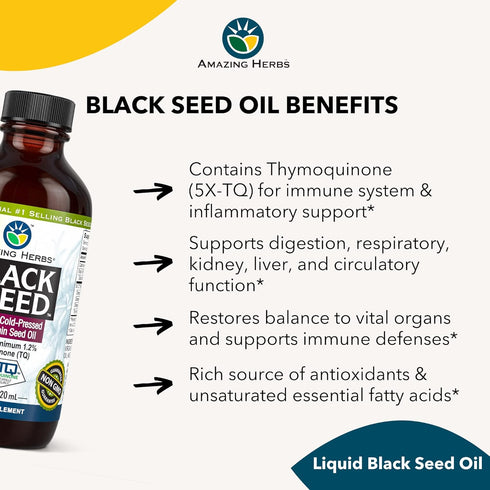 Amazing Herbs Premium Black Seed Oil - Cold Pressed Nigella Sativa Aids in Digestive Health, Immune Support, Brain Function, Joint Mobility, Glute...