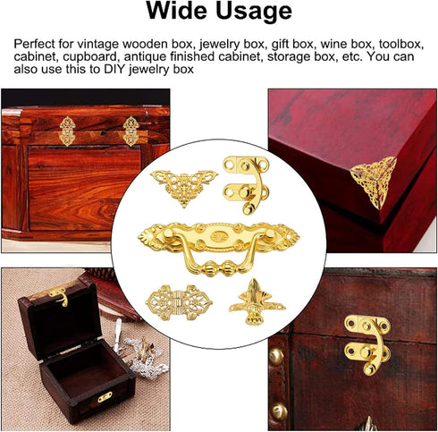 Gold Jewelry Box Antique Lock Latch Hasp Hinges Handle Box Corner Protectors Kit for DIY Jewelry Box, Wood Case Jewelry Chest Storage Box Feet Leg...