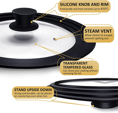 Universal Lid for Pots, Pans and Skillets, Pot Lid With Heat Resistant Silicone Rim and Tempered Glass,Fits 6.5", 7", 8" Diameter Pots and Pans...