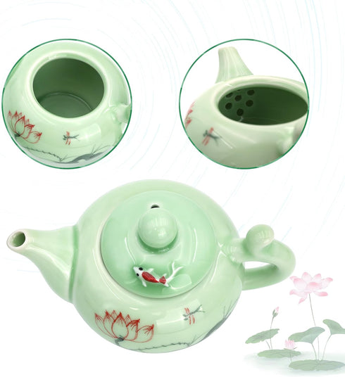 DELIFUR Celadon Handcrafted Porcelain Tea Set Lotus Theme Porcelain Tea Pot Covered Teacup Gongdao Cup From China (Lotus Tea pot)...