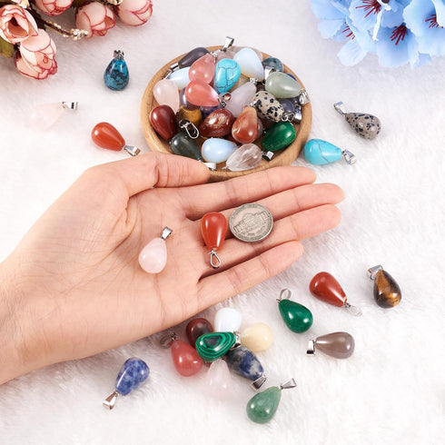 FASHEWELRY 50Pcs Water Drop Stone Pendants Teardrop Healing Crystal Quartz Chakra Gemstone Rock Charms Random Mixed for Necklace Jewelry Making Ho...