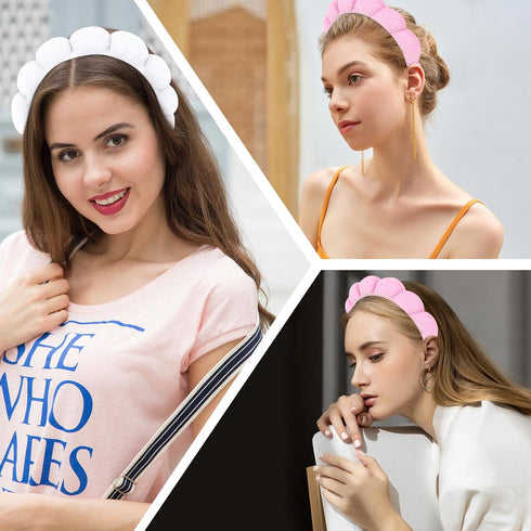 2 PCS Puffy Spa Headband for Women Sponge Headbands for Girls Terry Towel Cloth Fabric Head Band for Skincare,Makeup Removal,Face Washing,Facial M...