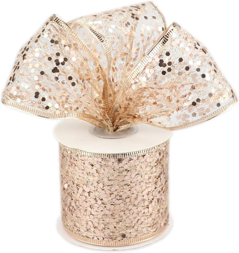Rose Gold Wired Ribbon 2.5 Inch Rose Pink Shimmery Glitter Metallic Ribbon Mesh Ribbon with Wired Edge for Wreaths Tree Topper Accent Bows Crafts ...