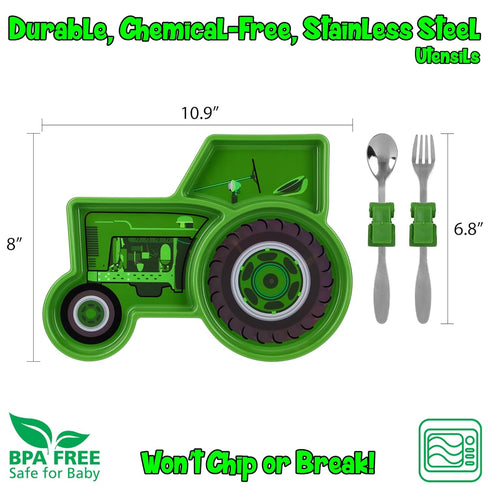 Funwares Green Tractor Engaging Kids' Dinnerware Set: Durable, Divided Plate, Fun Fork and Spoon, Ideal for Picky Eaters, Educational Mealtime, Ea...