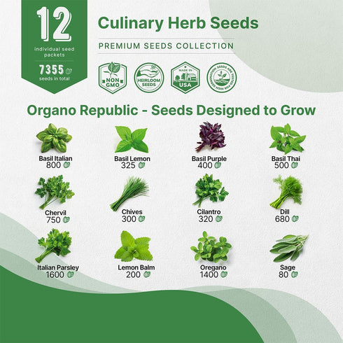 Organo Republic 12 Culinary Herbs Seeds Variety Pack - 7,355+ Heirloom, Non-GMO, Herbs Seeds for Outdoor and Indoor Home Gardening, Including Basi...