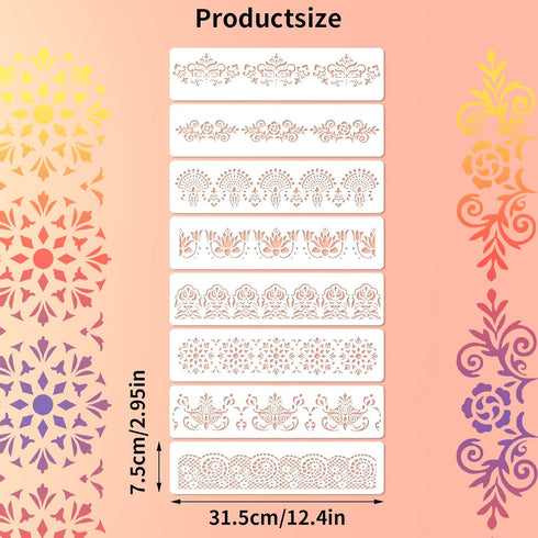 Prasacco 8 Pieces Flower Border Stencils Ornate Mandala Stencils Reusable DIY Craft Stencils Floral Edge Templates for Painting on Wood Canvas Pap...