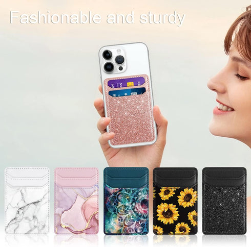Glitter Self Adhesive Card Holders for Back of Phone, Leather RFID Phone Wallet Pockets Stick On, Credit Card Holders Sleeve for Phone Case, Rose ...