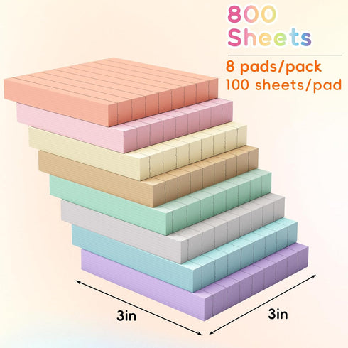 EOOUT 8 Pads Lined Sticky Notes, 3x3 Inches Self-Stick Note Pads, 100 Sheets/Pad, Super Adhesive Memo Pads, Morandi Colors Lined Sticky Notes for ...