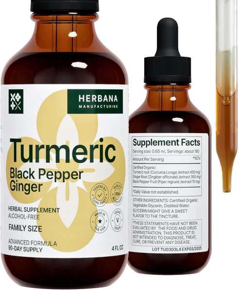 Turmeric 3-in-1 Liquid Extract 4 fl oz - Curcumin & Ginger, Black Pepper - Natural Herbal Supplement - Joints & Muscle Support Drops - Immune and ...