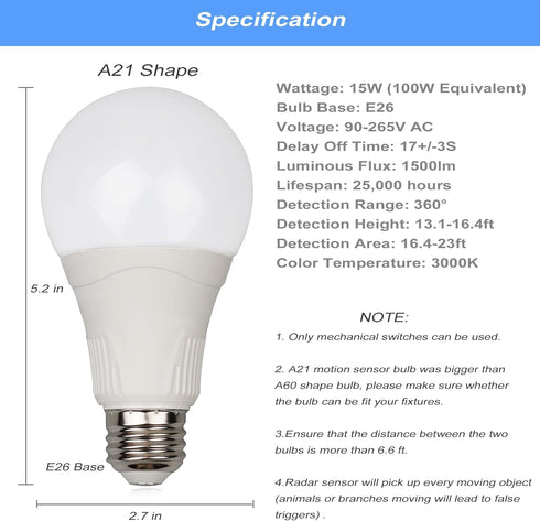 GREENIC Radar Motion Sensor Light Bulbs, 3000K Warm White 15W (100W Equivalent) E26 A21 Upgraded Motion Activated Dusk to Dawn LED Bulbs for Outdo...