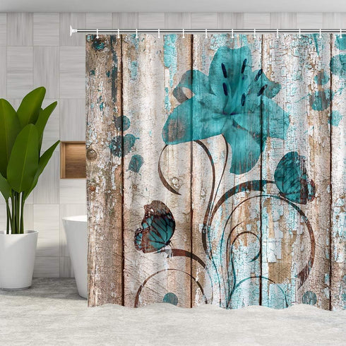 Floral Flower Shower Curtain Rustic Shower Curtain Set Teal Flower Butterfly Bathroon Curtain Farmhouse Wooden Plank Country Fabric Shower Curtain...